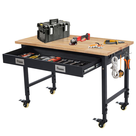 ACONEE Adjustable Height Workbench, 48" Heavy Duty 2000 LB Load Capacity, Solid Rubber Wood Top, Sturdy Metal Frame, Workstation with Drawer & 4 Rolling Casters, Power Outlets for Garage Workshop ACONEE