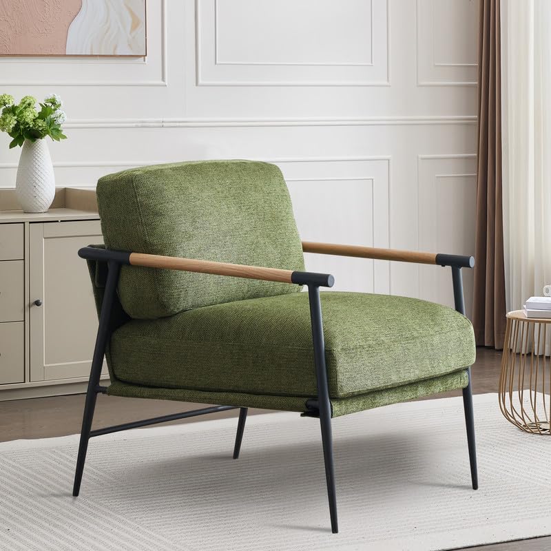 Accent Chair Mid Century Modern Armchair for Living Room,Bedroom,Office,Lounge Comfy Chenille Upholstered Soft Removable Washable Cushions and Pillows,Metal Wood-Grain Armrest Legs,Green Comfort Stretch
