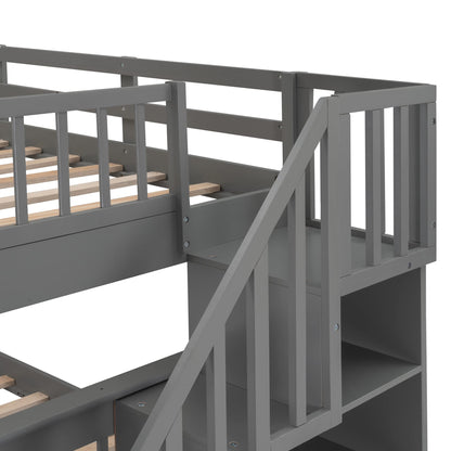 BOVZA Grey Full Over Full Bunk Bed with Storage Stairs and Safety Guard Rails - WoodArtSupply