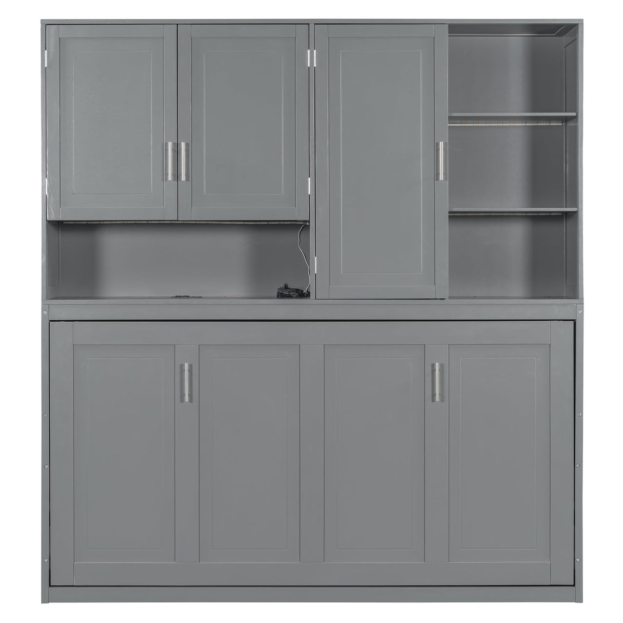 SOFTSEA Twin Horizontal Murphy Bed with Storage Shelves, Foldable Wall Bed with LED Light & Charging Stations, Space-Saving for Living Room, Guest Room, Bedroom, Office, Grey SOFTSEA