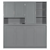 SOFTSEA Twin Horizontal Murphy Bed with Storage Shelves, Foldable Wall Bed with LED Light & Charging Stations, Space-Saving for Living Room, Guest Room, Bedroom, Office, Grey SOFTSEA