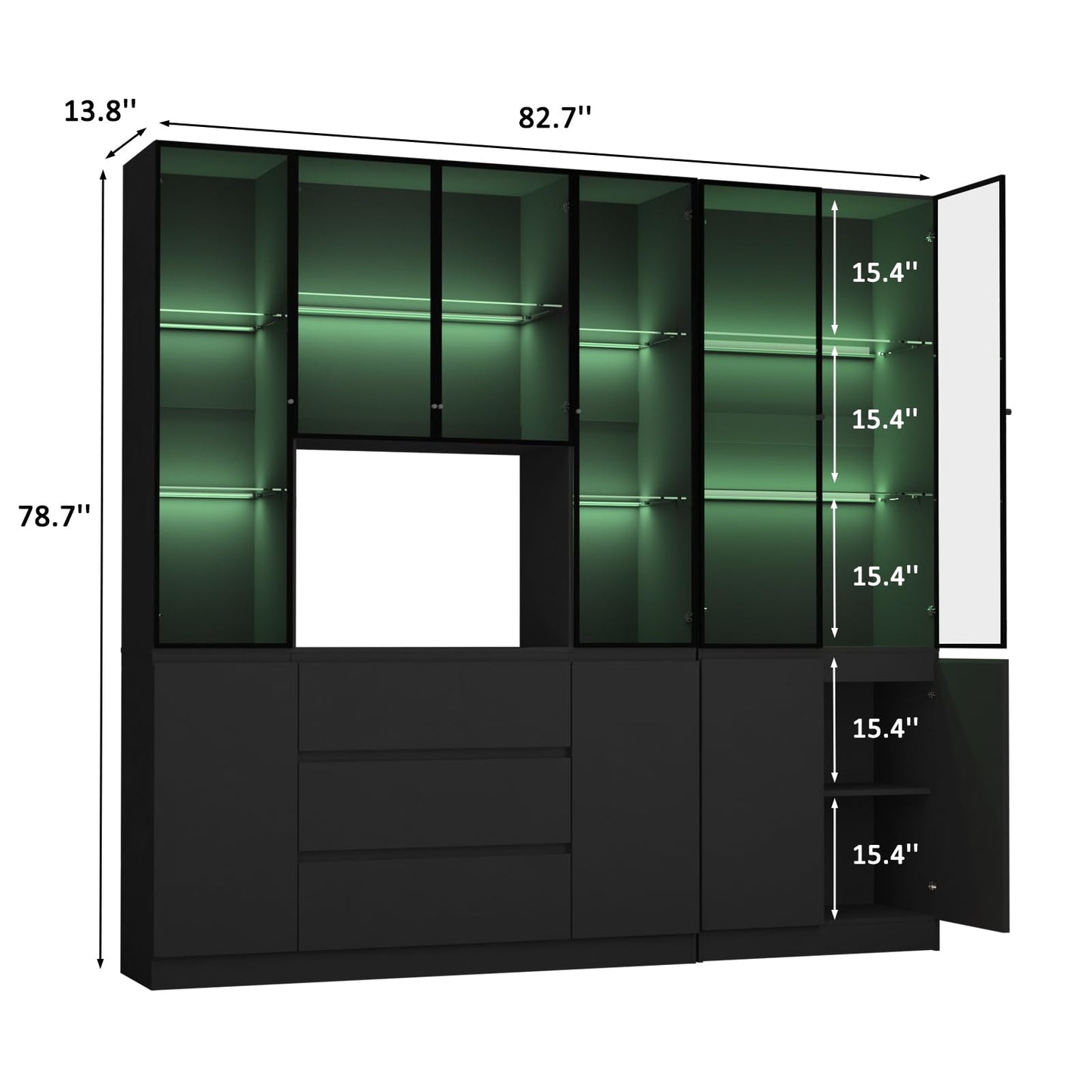 ZORPLIX Large Storage Cabinet Set 2 Pcs, Kitchen Pantry Cabinet, Glass Display Cabinet with LED Lights, Display Case Cabinet with Multi Shelf & Glass Doors, Sideboard Buffet for Living Room, Kitchen