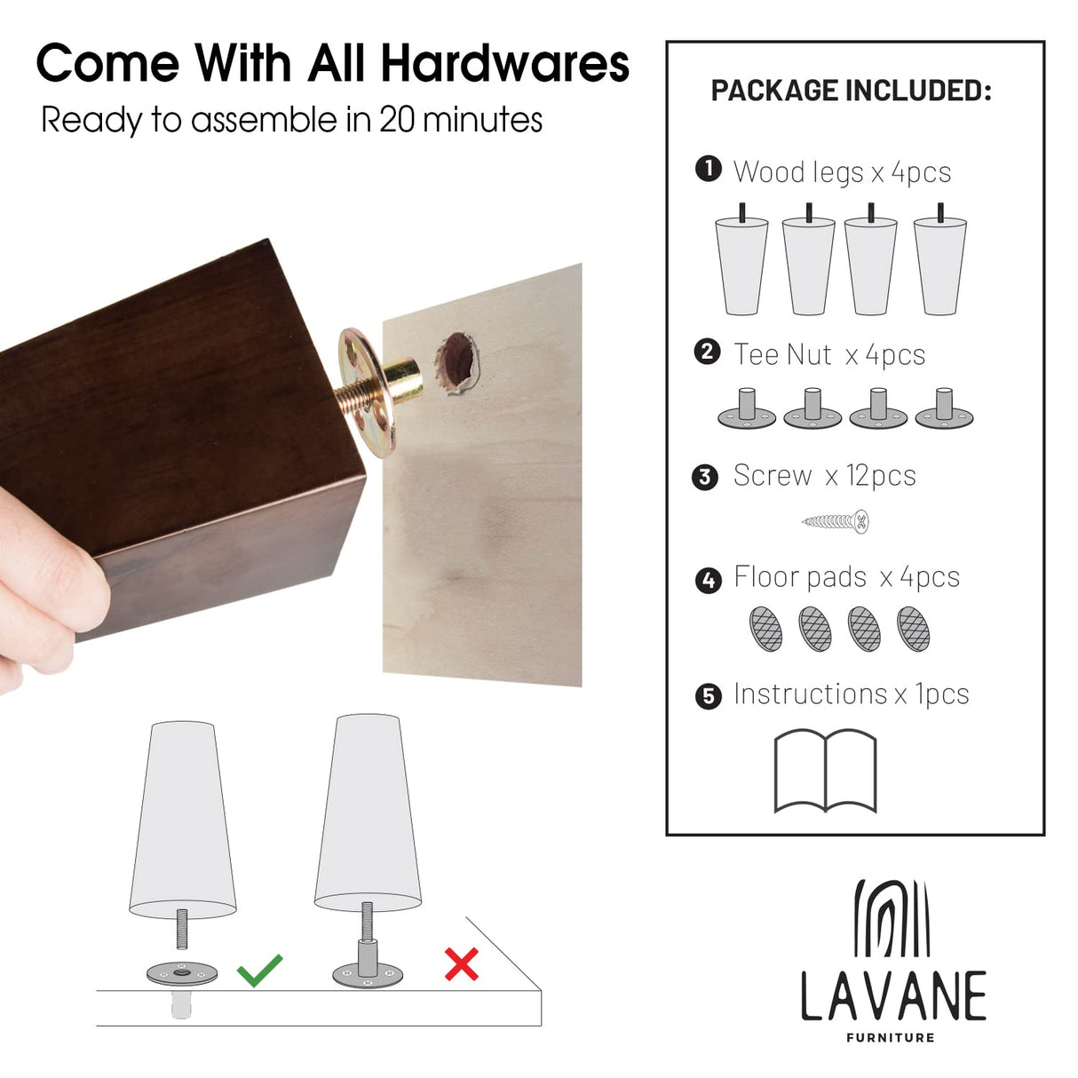 La Vane 4 inch / 10cm Wooden Furniture Legs, Set of 4 Walnut Solid Wood Tapered M8 Furniture Replacement Feet with Pre-Drilled 5/16 Inch Bolt & Mounting Plate & Screws for Sofa Chair Couch Ottoman La Vane