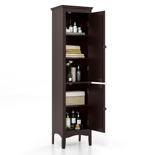 Tangkula 63" Freestanding Slim Bathroom Storage Cabinet with Adjustable Shelf and Elegant Louvered Doors - WoodArtSupply