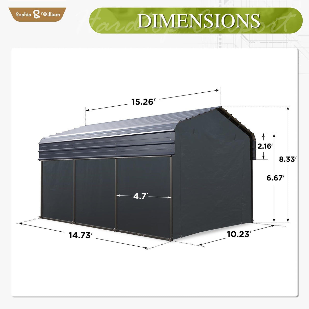 Carport Car Port Metal Canopy 10x15 ft Heavy Duty for Snow, Portable Garage Kit Shed Tent Shelter Metal Frame All Weather Outdoor for Boat with Removable Sidewalls, Dark Grey, Sophia & William Sophia & William