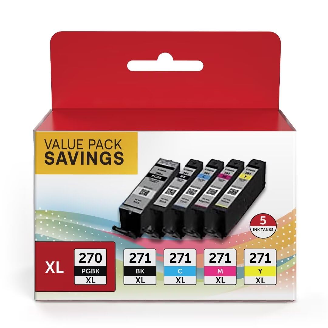PGI-270XL CLI-271XL 5 Color Value Pack, Compatible for Canon 270 271 Ink Cartridges to use with MG5720 MG5721 MG5722 MG6820 MG6821 MG6822 TS6020 (PGBK, Black, Cyan, Magenta, Yellow) Osir
