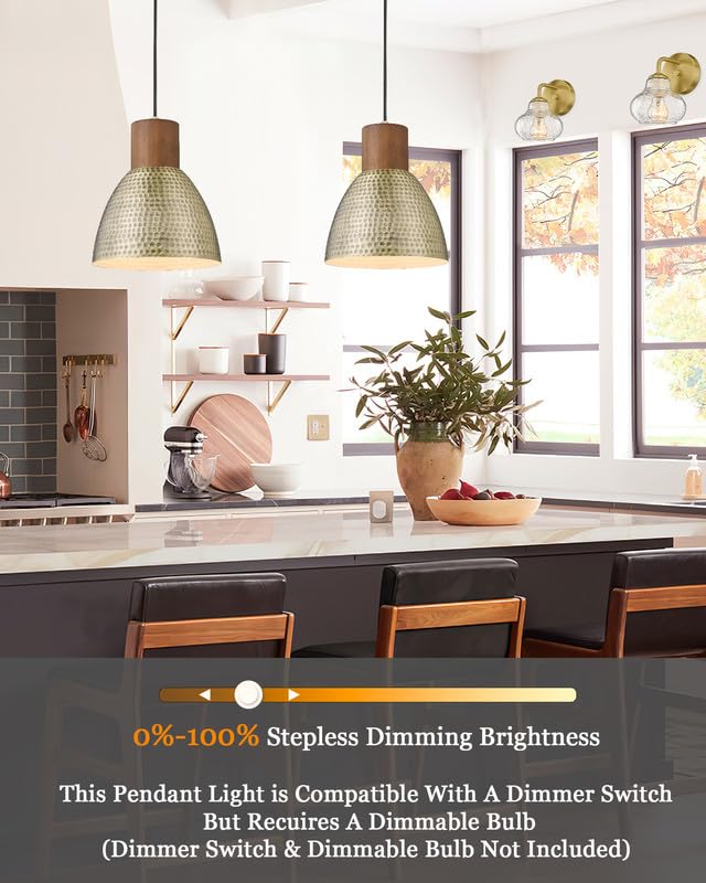 ELYONA Vintage Hammered Pendant Light Fixtures, 10.2” Industrial Metal Hanging Bar Lamp, Solid Wood Antique Gold Adjustable Pendant Light for Kitchen Island, Farmhouse, Dining Room, Brushed Brass ELYONA