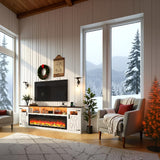 Fireplace TV Stand for 100 Inch TV, 95" Farmhouse Entertainment Center with 60" Electric Fireplace & LED Lights, Large Media Console for Living Room, Rustic Barn Doors, Power Outlets, Antique White chartustriable