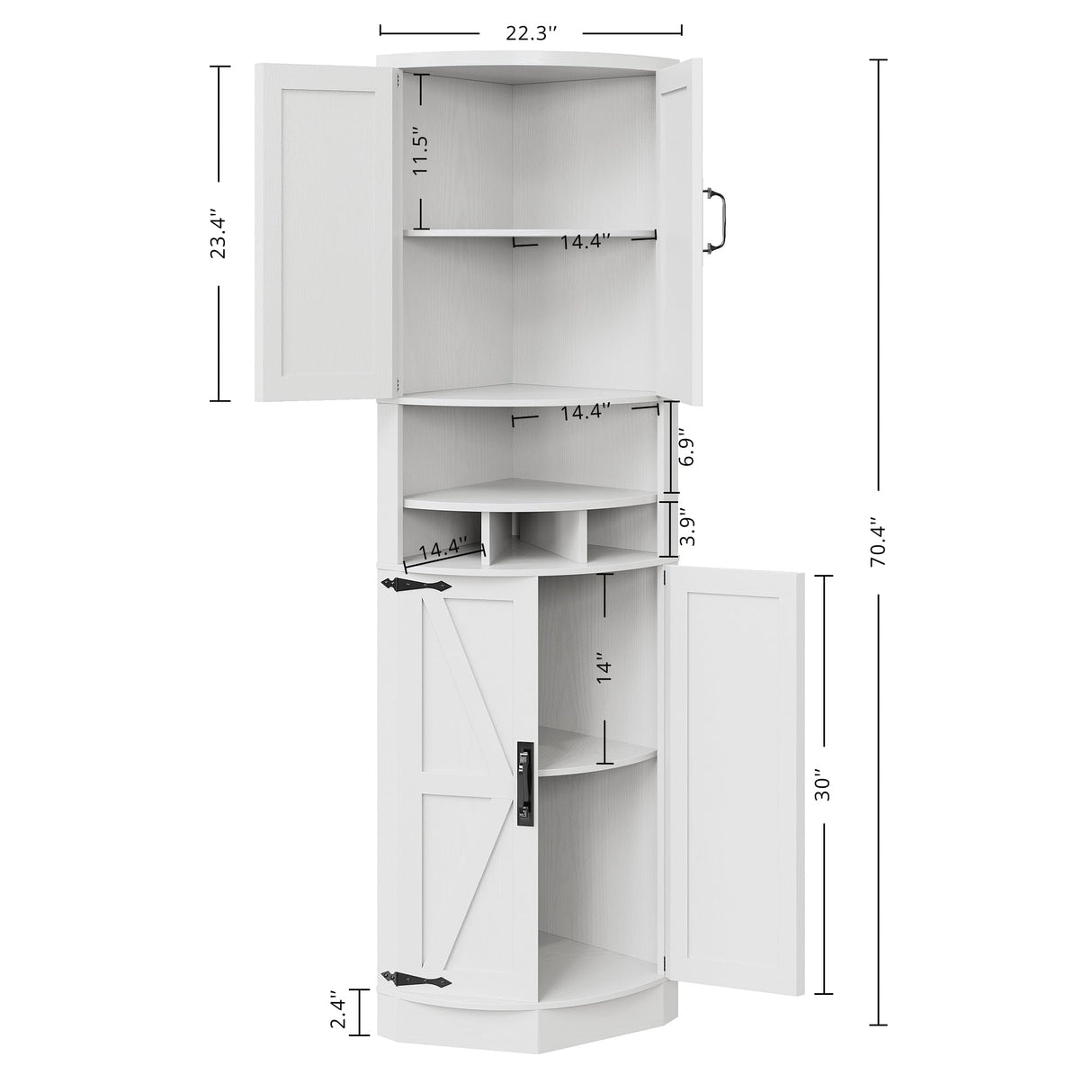 IRONCK Tall Corner Cabinet with 3 Wine Racks, Farmhouse Storage Cabinet with 4 Doors and Adjustable Shelves, Barn Door Design, Corner Bar Cabinet for Living Room, Kitchen, Laundry Room White IRONCK