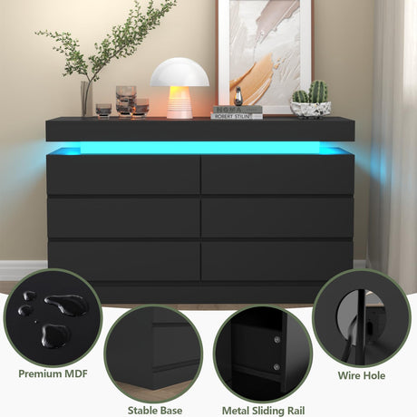 Gyfimoie 6 Drawer Dresser with Power Outlet, Black Dresser with LED Light, Modern Chest of Drawers for Closet, Double Wide Drawer Organizer Cabinet for Bedroom, Living Room, Entryway, Hallway (Black) Gyfimoie