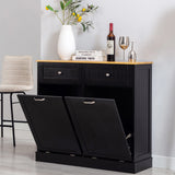 Double Tilt Out Trash Cabinet 20 Gallon, Freestanding Wooden Kitchen Trash Recycling Cabinet with Drawer & Removable Cutting Board, Dog Proof Trash Can Cabinet, Black Gitua