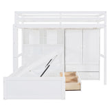 Merax Twin Bunk Bed with Drawers, Wood Twin Over Twin Bunk Bed with Wardrobe, Storage Shelves and Hydraulic Bed, White Merax