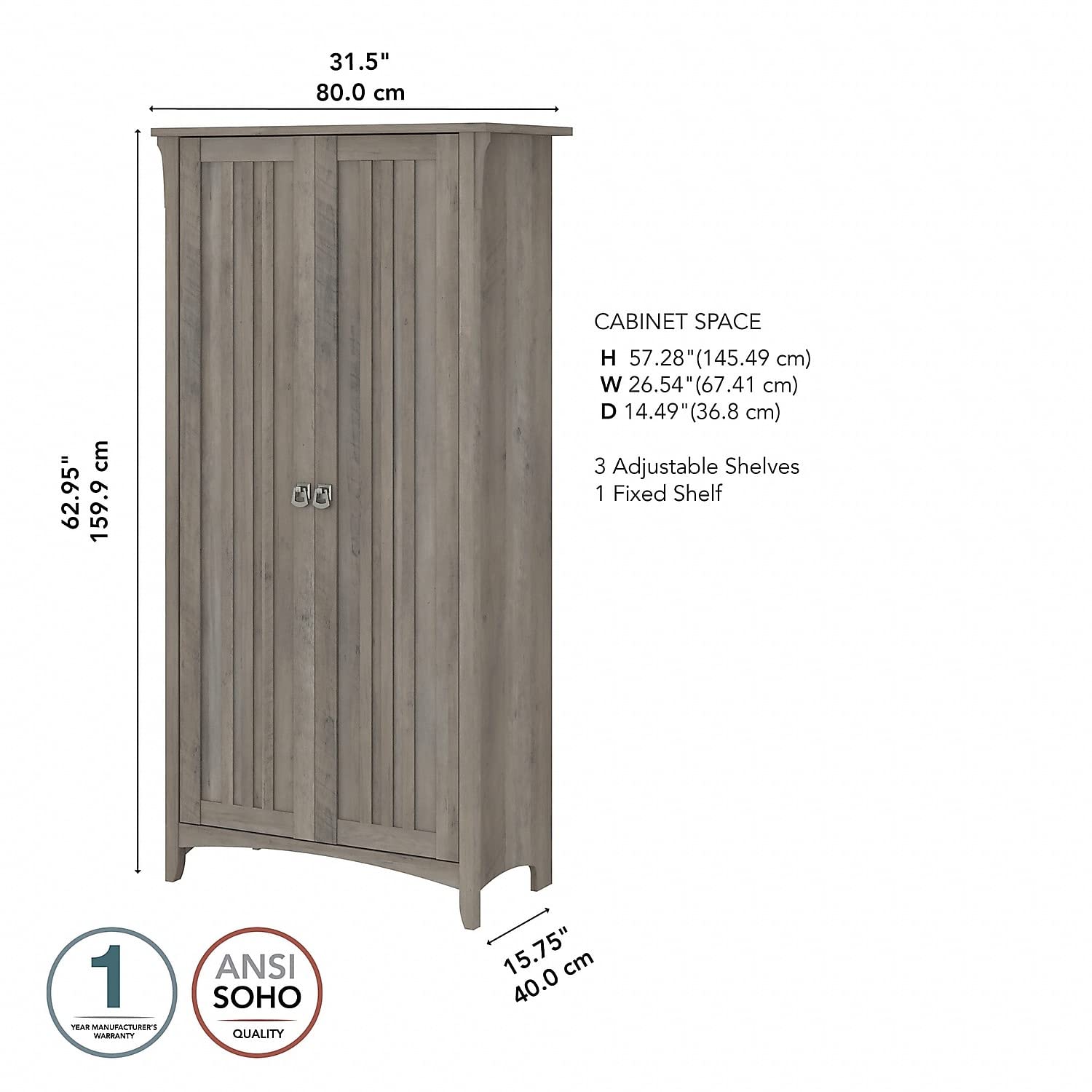 Bush Furniture SAS332DG-03 Salinas 62.95-Inch Tall Storage Cabinet with 4 Shelves, Driftwood Gray - WoodArtSupply