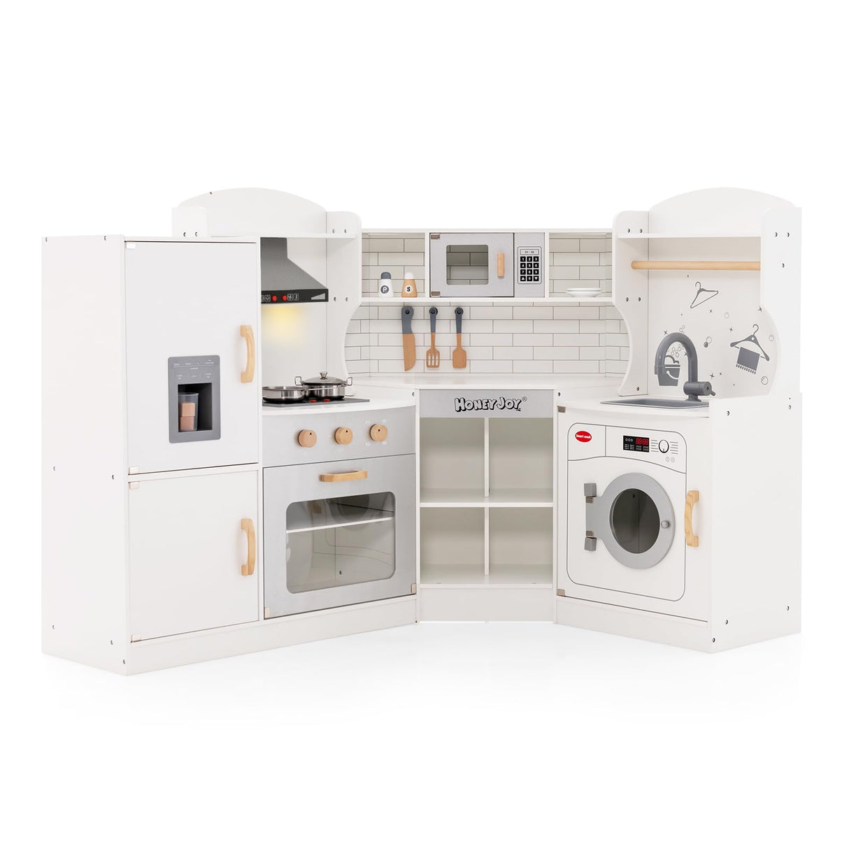 HONEY JOY Corner Kids Kitchen Playset, Ultimate Wooden Play Kitchen for Toddlers, Washing Machine, Ice Maker, Sink, Microwave, Little Chef Pretend Play Toy Kitchen Set, Gift for Boys Girls, White HONEY JOY