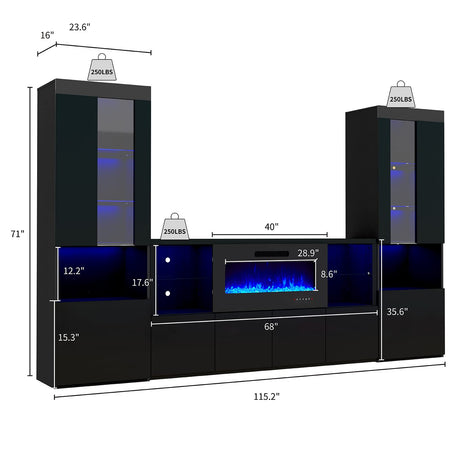 AMERLIFE 3 Piece Modern High Gloss Fireplace TV Stand + Bookcase Set for Living Room Includes 68" TV Stand with 40" Fireplace, 2 X Bookcase Storage Cabinet with Doors & 20 Colors LED Lights, Black AMERLIFE