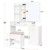 ANWBROAD Makeup Vanity Desk Vanity Set with 10 LED Bulb Lighted Sliding Mirror Makeup Vanity Table with Charging Station Nightstand 3 Colors Modes Dimming Cushioned Stool Dressing Table White UBDT54W ANWBROAD