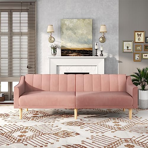 Velvet Futon Sofa Bed Couch, 74" Pink Convertible Sleeper Sofa, Loveseat Futon Couch with Adjustable Backrests, Couches for Living Room Bedroom Apartment