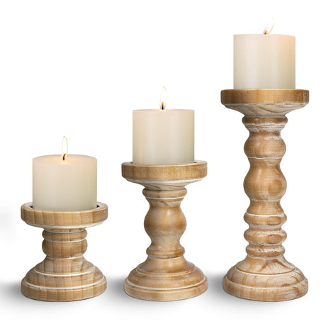 Candle Holder for Pillar Candle Set of 3, Farmhouse Wood Candle Holder, Rustic Wooden Candle Stand, Vintage Tall Candle Stand Decorative for Living Room, Table Centerpiece,Brown CEDARLUX