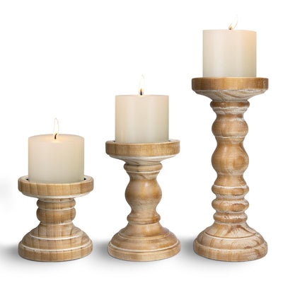Candle Holder for Pillar Candle Set of 3, Farmhouse Wood Candle Holder, Rustic Wooden Candle Stand, Vintage Tall Candle Stand Decorative for Living Room, Table Centerpiece,Brown