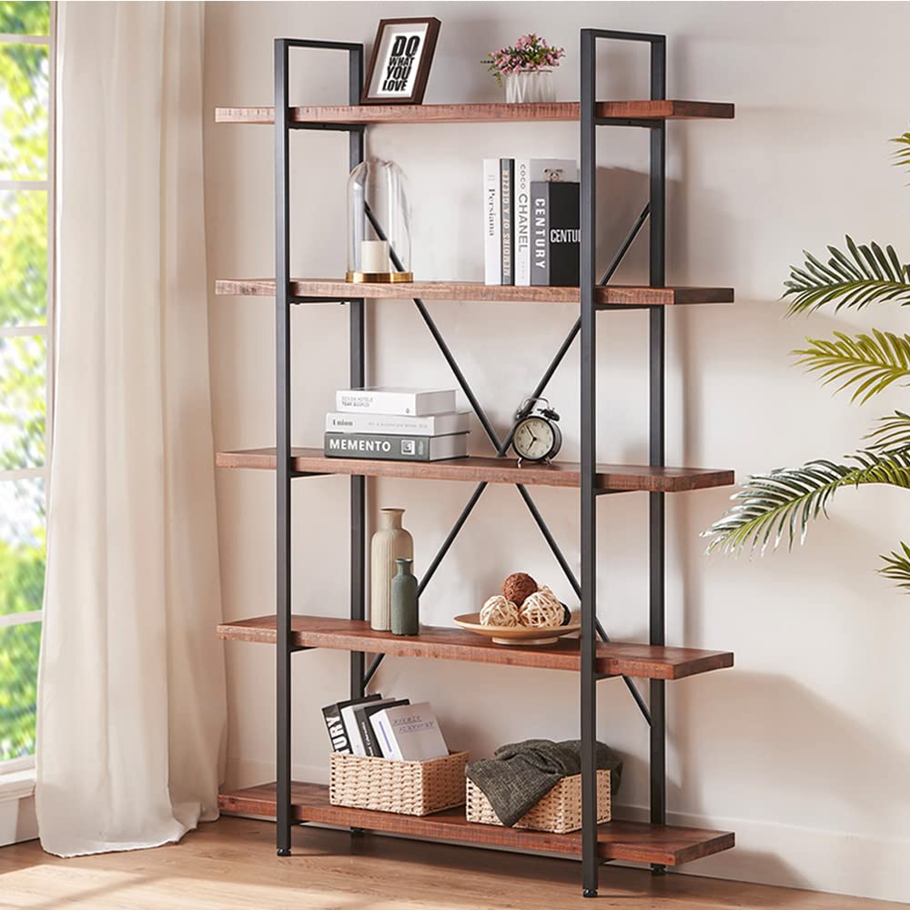 HSH 5-Tier Rustic Wood and Metal Etagere Bookcase - Distressed Brown Farmhouse Style HSH