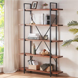 HSH 5-Tier Rustic Wood and Metal Etagere Bookcase - Distressed Brown Farmhouse Style HSH