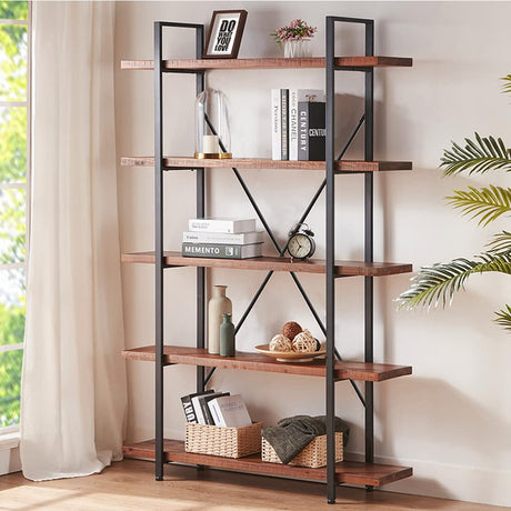 HSH 5-Tier Rustic Wood and Metal Etagere Bookcase - Distressed Brown Farmhouse Style HSH