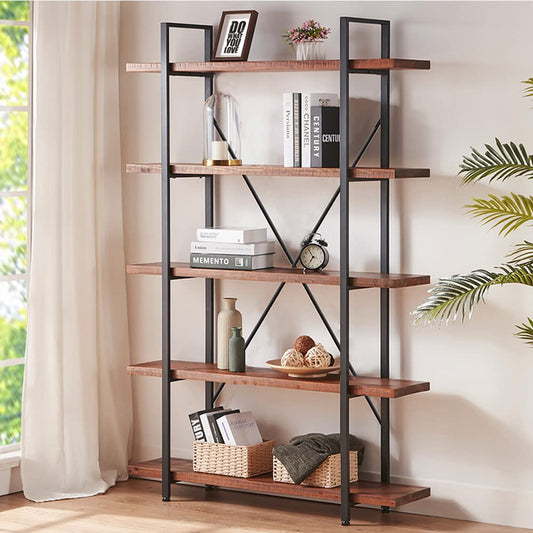 HSH 5-Tier Rustic Wood and Metal Etagere Bookcase - Distressed Brown Farmhouse Style - WoodArtSupply