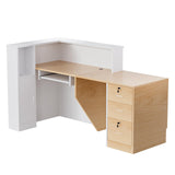 L-Shaped Modern Large Wooden Commercial Reception Desk with Counter & Shelves, Front Reception Desk Counter Table with Storage, Drawers for Offices,Home (Oak+White, Right- 71''L x 34''W x 41''H) Drexo