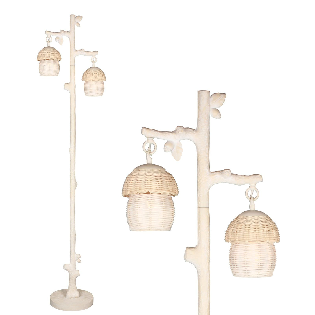 Rattan Floor Lamp with Faux Wood Finish, Boho Floor Lamps with Faux Pinecone and Leaves Decor, Beige WOXXX