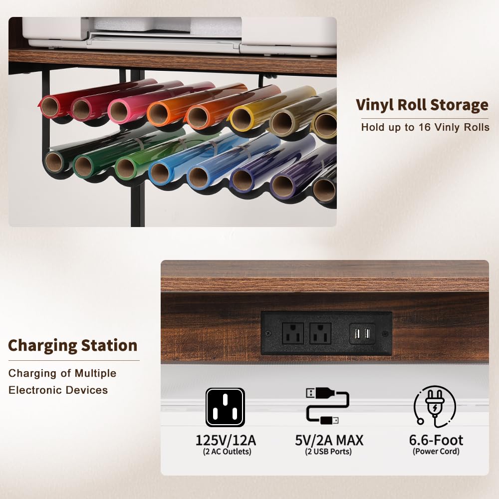 Kokorona Heat Press Table Stand with Vinyl Roll Holder & Charging Station, 3 Tier Heavy Duty Heat Transfer Machine Stand for Sublimation Print, Movable Rolling Metal Workbench with Folding Shelf Kokorona