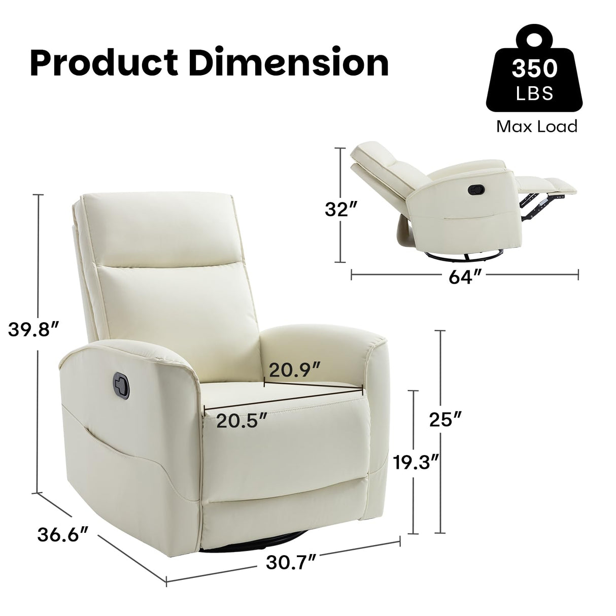 CANMOV Rocker Recliner Chair,360°Swivel Nursery Glider Recliner,Manual Recliner Sofa with Padded Armrest and Backrest,Leather Recliner for Small Spaces,Living Room,Bedroom,White CANMOV