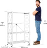 LUCKPRO 4-Tier Folding Metal Storage Rack - 50" Heavy-Duty Steel Frame with Wheels, No Assembly Utility Organizer, Rolling Shelving Unit for Kitchen, Garage, Pantry, Bedroom (White, 4 Tier) LUCKPRO