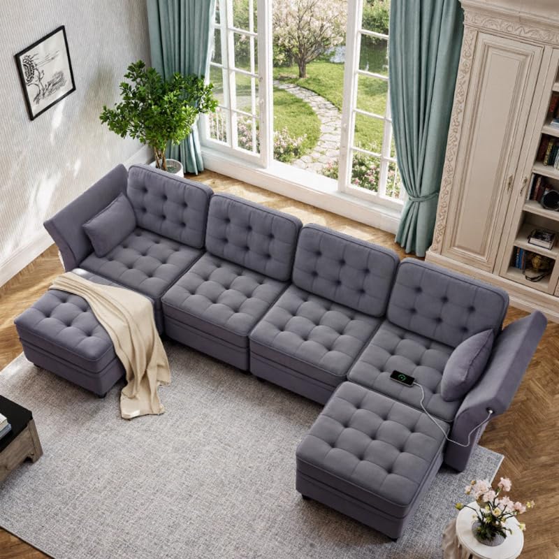 YITAHOME Modular Sectional Sofa, U Shaped Sectional Couch with Reversible Chaise Velvet 6-Seater Sectional Couch with 3-Position Adjustable Armrests and USB Port, for Living Room (Dark Grey4) YITAHOME