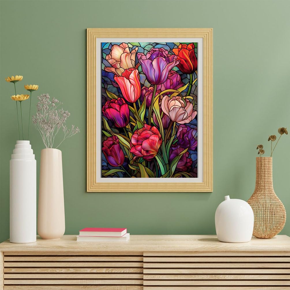 Tulips Diamond Art Painting Kits for Adults - Stained Glass Flower Round Full Drill Diamond Dots Paintings for Beginners, 5D Paint with Diamonds Pictures Gem Art Painting Kits DIY Crafts Project HOIYLDS