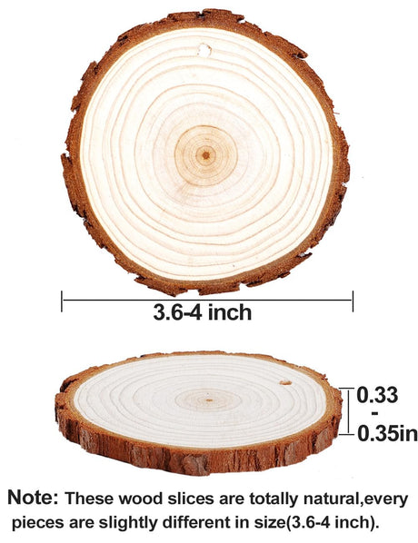 wohohoho 32pcs 3.6-4 inches Natural Wood Slices, Unfinished Craft Wood Kit Predrilled with Hole Thickened Wooden Circles with Bark for DIY Ornaments Christmas Wedding Decorations Wood Coasters Tags wohohoho