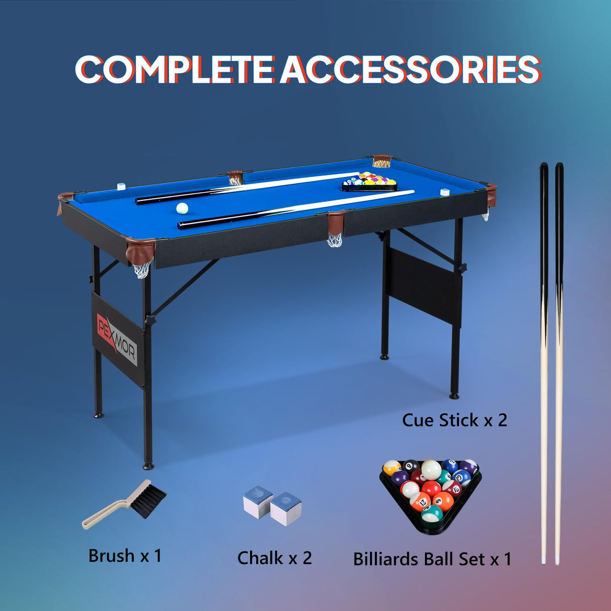 PEXMOR 55" Portable Folding Pool Table, Foldable Billiards Table for Kids and Adults, 4.5ft Pool Game Table with Cues, Ball, Rack, Brush, Chalk for Indoor & Outdoor PEXMOR