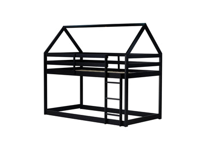 Twin Over Twin House Bunk Bed for Kids,Twin Size Low Bunk Beds with Ladder,Floor Bunk Bed Twin Over Twin,Solid Bunk Bed for Girls Boys,Black