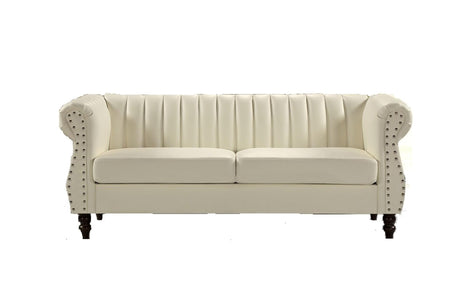 Container Furniture Direct Chesterfield-Inspired 77" Faux Leather Sofa with Elegant Design, Gourd Legs, and Sustainable Pleather Upholstery, 3 Seater Couch for Living Rooms and Offices, Cream White Container Furniture Direct