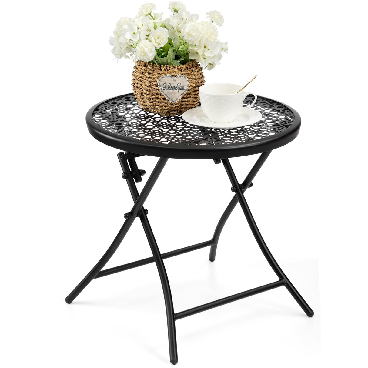 TeoKJ Folding Outdoor Side Tables, Anti Rust Small Patio Table Round Metal Nightstand with Flower Cutouts for Porch Yard Balcony Deck Lawn, Black TeoKJ