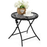 TeoKJ Folding Outdoor Side Tables, Anti Rust Small Patio Table Round Metal Nightstand with Flower Cutouts for Porch Yard Balcony Deck Lawn, Black TeoKJ