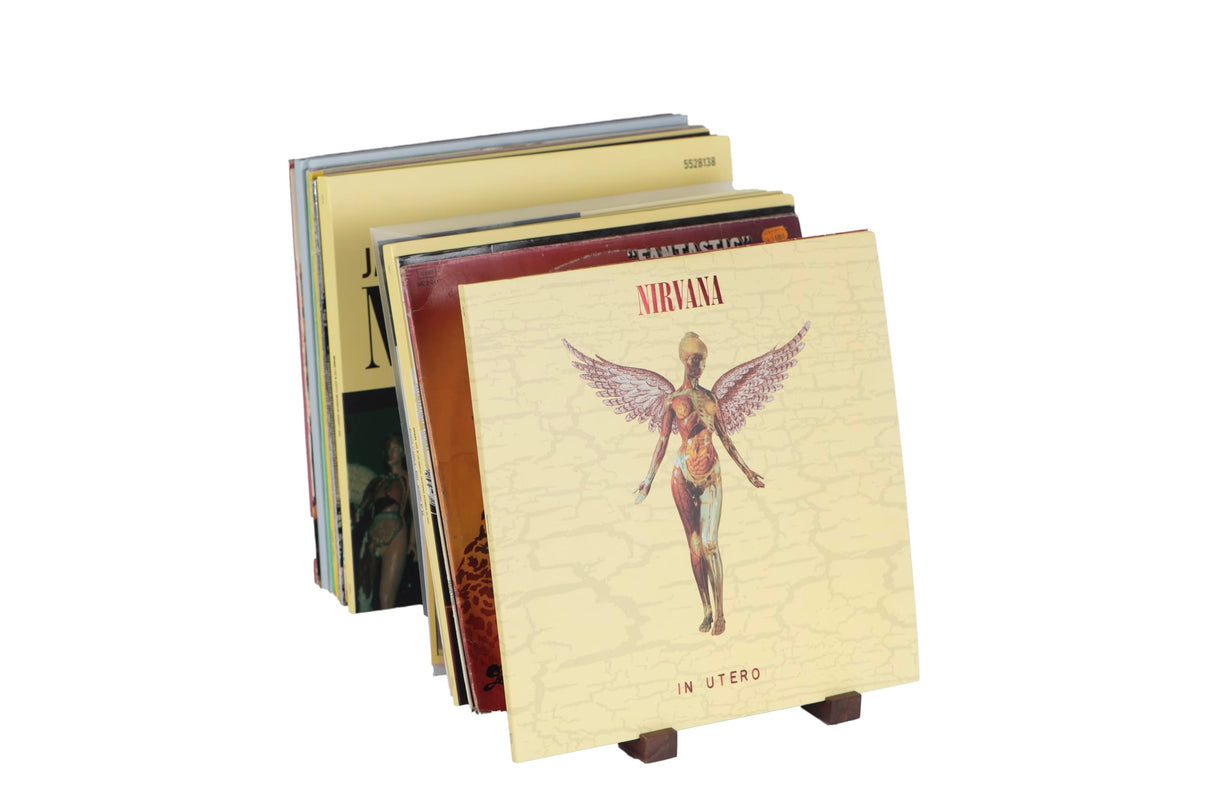 Decibelvibe Vinyl Record Storage and Record Player Stand, Now Playing Display with Stainless Steel and Solid Walnut Wood Premium Design, Up to 75 Vinyl records Decibelvibe