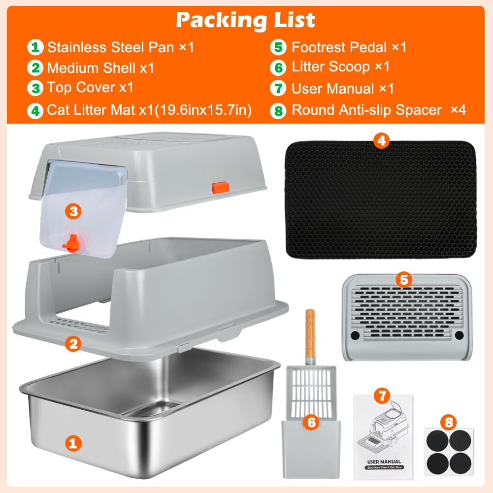 SZEE XL Stainless Steel Litter Box, Top Exit Design, Non Stick, No Smell, Easy Cleaning, Activated Charcoal Odor Control Design, Half/Fully Enclosed Design, Footboard, Trapping Mat & Scoop Included SZEE