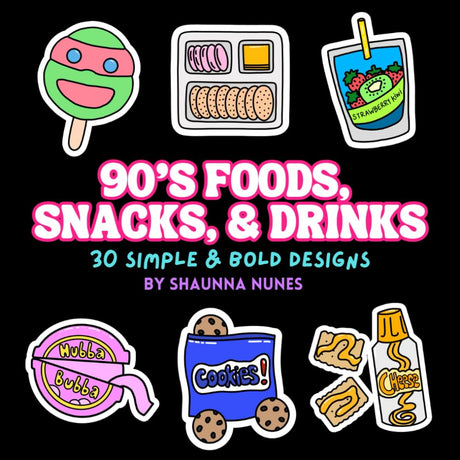 90's Foods, Snacks, & Drinks Coloring Book: 30 Simple and Bold Designs WoodArtSupply