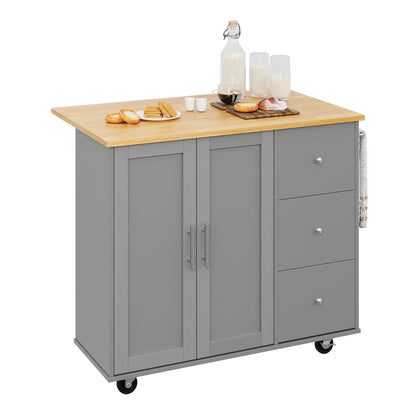 Shintenchi Rolling Kitchen Island Cart with Folding Drop Leaf Breakfast Bar, Portable Trolley Island with Large Storage Cabinet, Shelf and Drawer, Gray