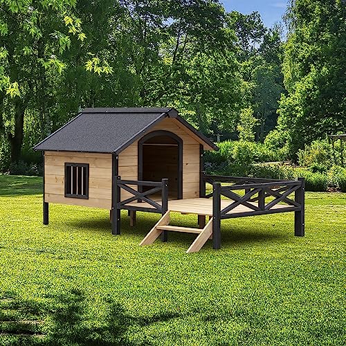 KOZYSFLER Rustic Cabin Style Outdoor Wooden Dog Kennel with Porch, Large Pet House for Dogs