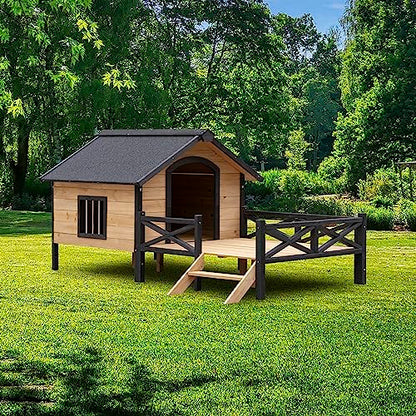 KOZYSFLER Rustic Cabin Style Outdoor Wooden Dog Kennel with Porch, Large Pet House for Dogs