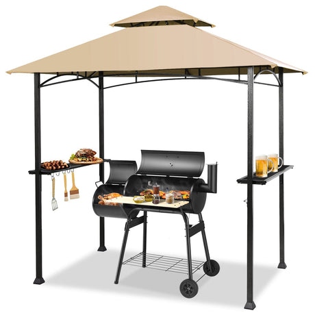 Giantex Grill Gazebo, 8ft x 5ft Grill Station with Canopy, Heavy Duty Steel Frame, 2 Side Shelves, 5 Hooks, 8 Ground Stakes, Outdoor Grill Shelter Barbecue Tent for Backyard Patio Camping (Beige) Giantex