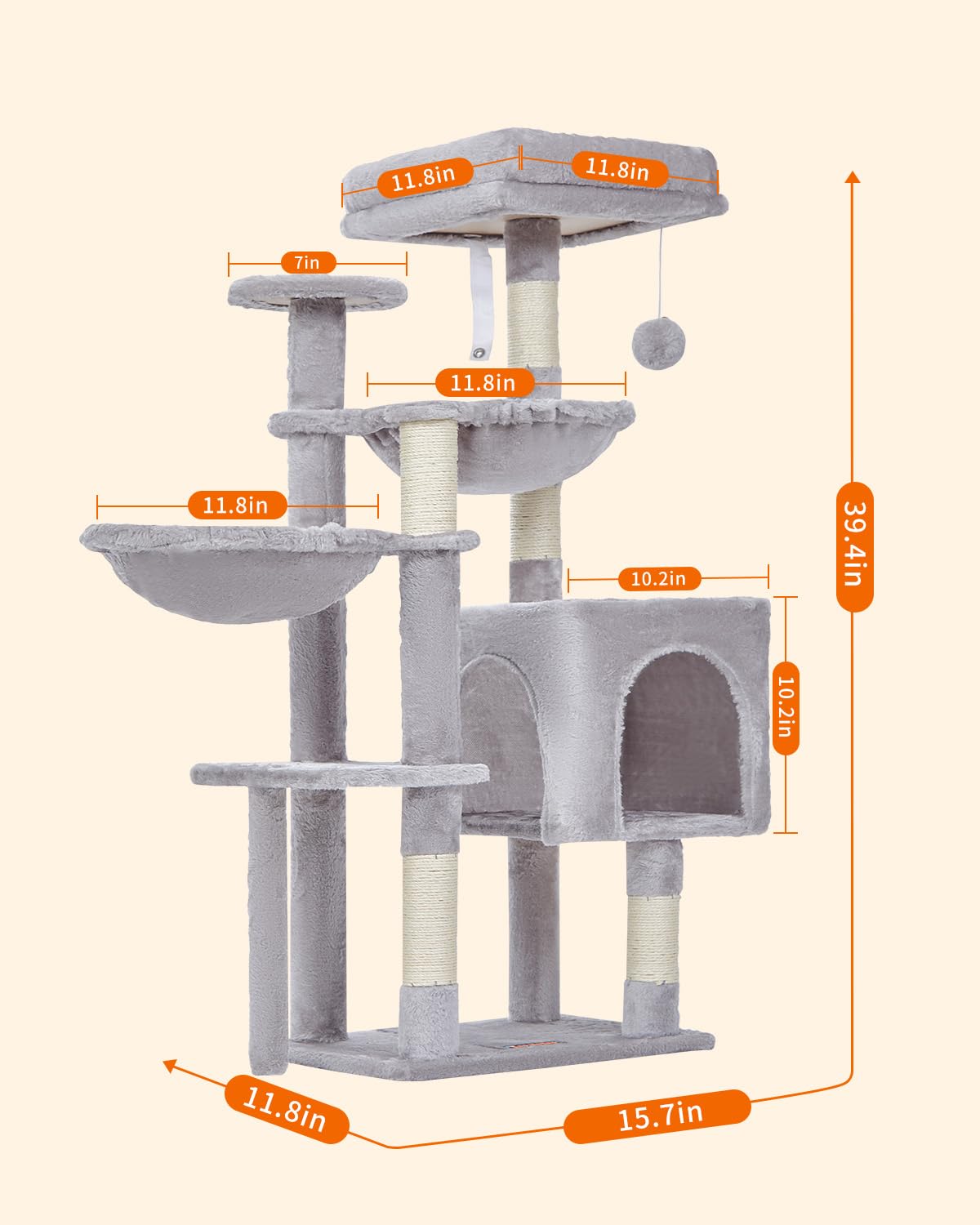 Taoqimiao Cat Tree, 39.4-Inch Cat Tower for Indoor Cats,Suitable for Kittens,Plush Cat Condo with 5 Scratching Posts, Plush Perch,2 Hammock,Pompoms, MS019W Light Gray Taoqimiao