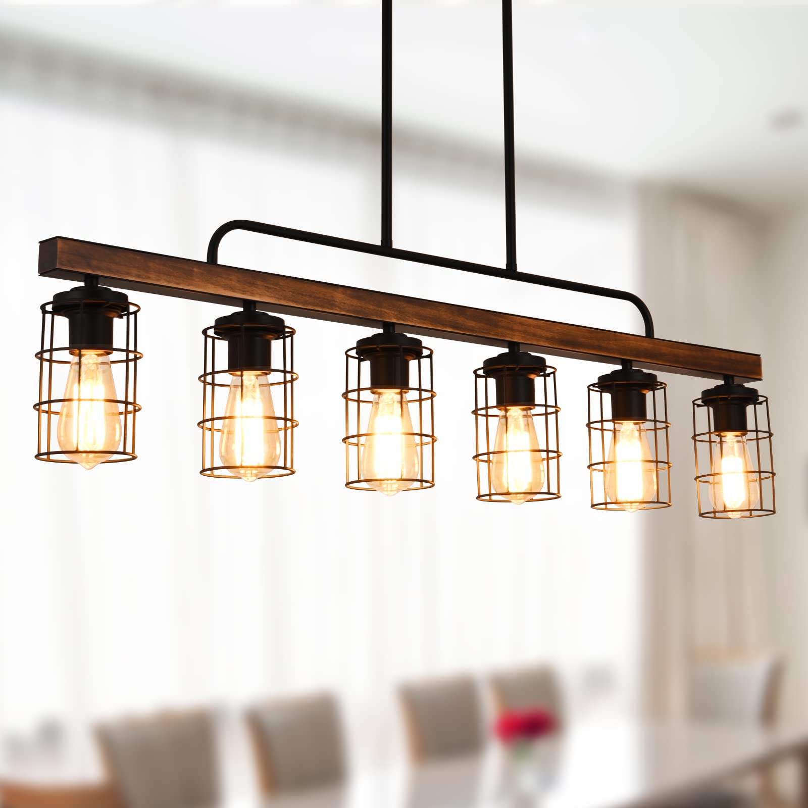 HOSENJOIN Island Lights for Kitchen,6-Light Dining Room Light Fixtures Over Table, Wood Linear Rustic Chandelier Pendant Lighting for Kitchen Island Dining table,Black 360W - WoodArtSupply