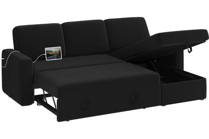 Yaheetech Sectional Sofa L-Shaped Sofa Couch Bed w/Chaise & USB, Reversible Couch Sleeper w/Pull Out Bed & Storage Space, 4-seat Fabric Convertible Sofa, Pull Out Couch for Living Room Black